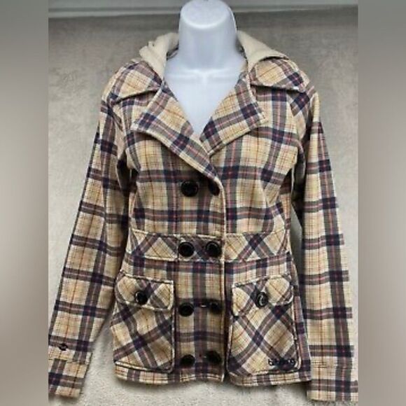 Billabong Hooded Pea Coat  Style Jacket Women’s Size Small  Blue/Orange Plaid - Picture 1 of 7